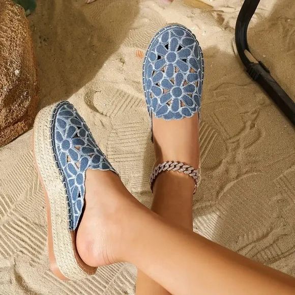 Bohemian Blue Floral Cutout Espadrille Mules – Denim Lace Platform Slides 37 7 - Picture 2 of 10